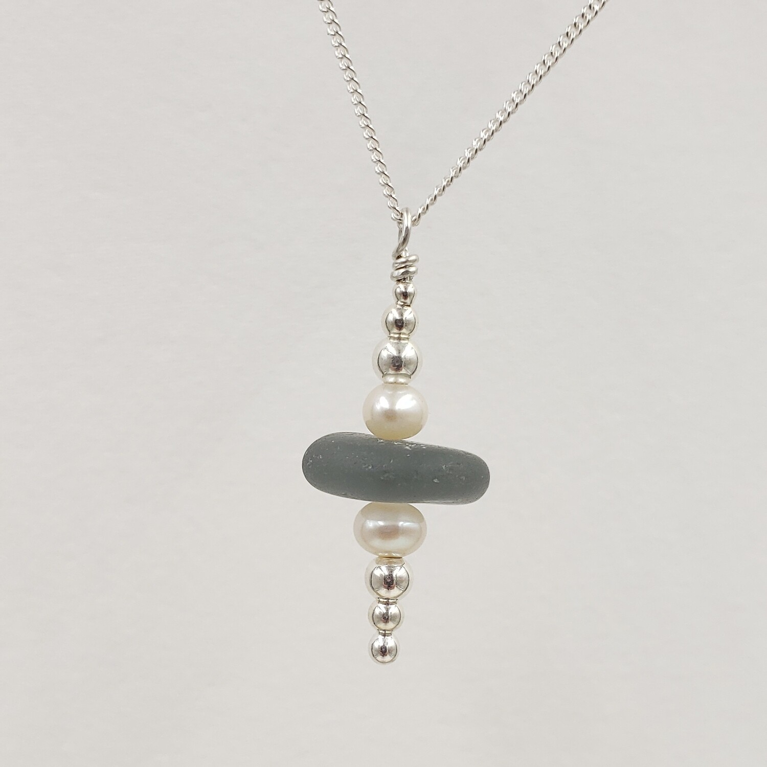 Gray Lake Erie Beach Glass Stacking Necklace with Freshwater Pearls