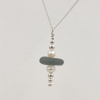 Gray Lake Erie Beach Glass Stacking Necklace with Freshwater Pearls
