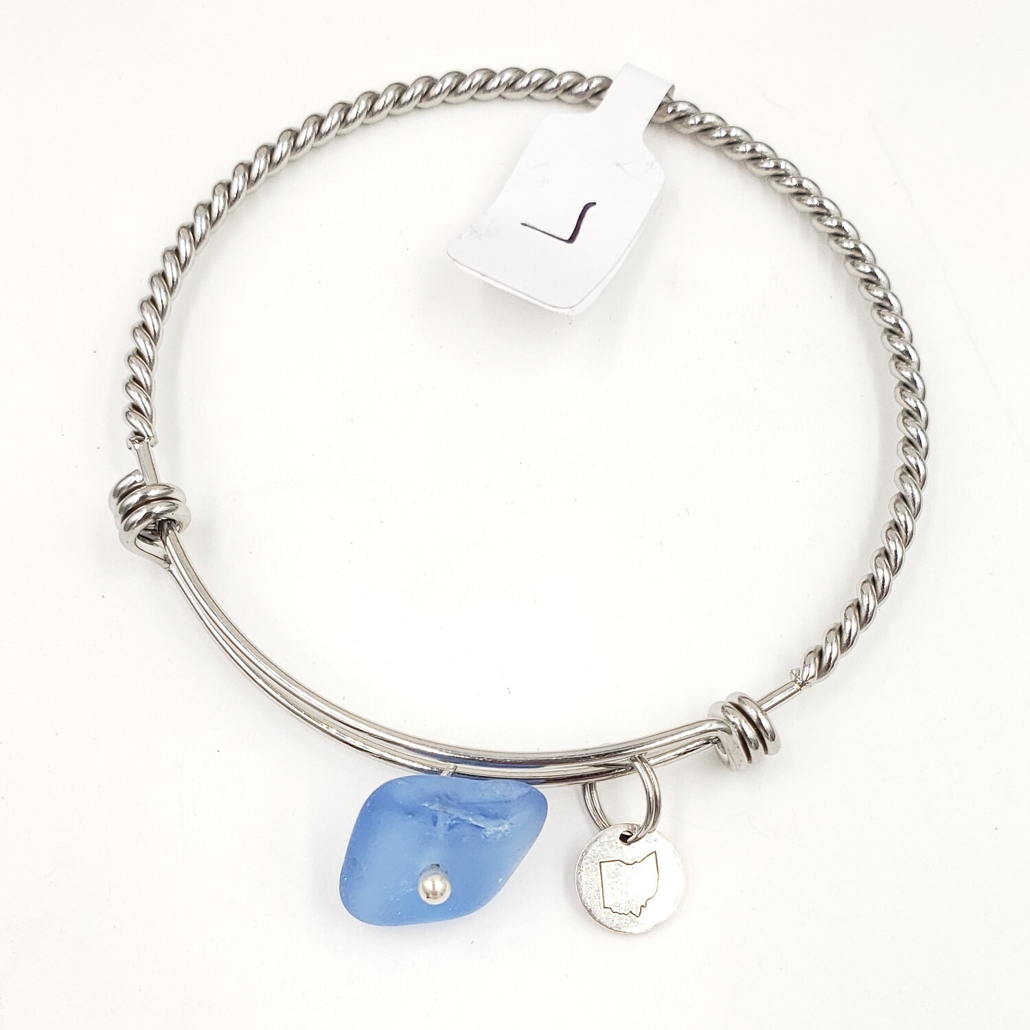 Bangle Bracelet with Stamped State of Ohio Charm and Cornflower Blue Lake Erie Beach Glass