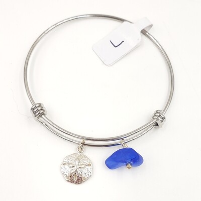 Bangle Bracelet with Sanddollar Charm and Blue Lake Erie Beach Glass