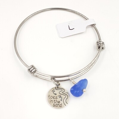 Bangle Bracelet with Toes in the Sand Charm and Blue Lake Erie Beach Glass