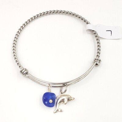 Bangle Bracelet with Dolphin Charm and Blue Lake Erie Beach Glass
