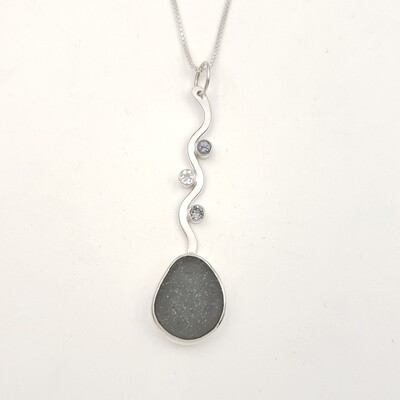 Gray Lake Erie Beach Glass Wave Necklace with Gray Spinel and Moonstone Gemstones