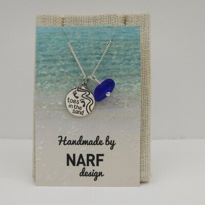 Blue Lake Erie Beach Glass Necklace with "Toes in the Sand" Charm
