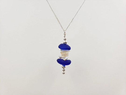 Cobalt Blue Lake Erie Beach Glass Stack Necklace with Silver Balls and Freshwater Pearls
