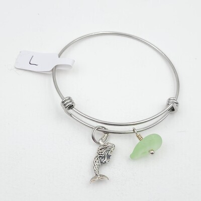 Bangle Bracelet with Mermaid Charm and UV Vaseline Lake Erie Beach Glass