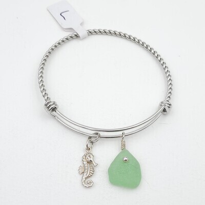 Bangle Bracelet with Seahorse Charm and Opaque Seafoam Green Lake Erie Beach Glass