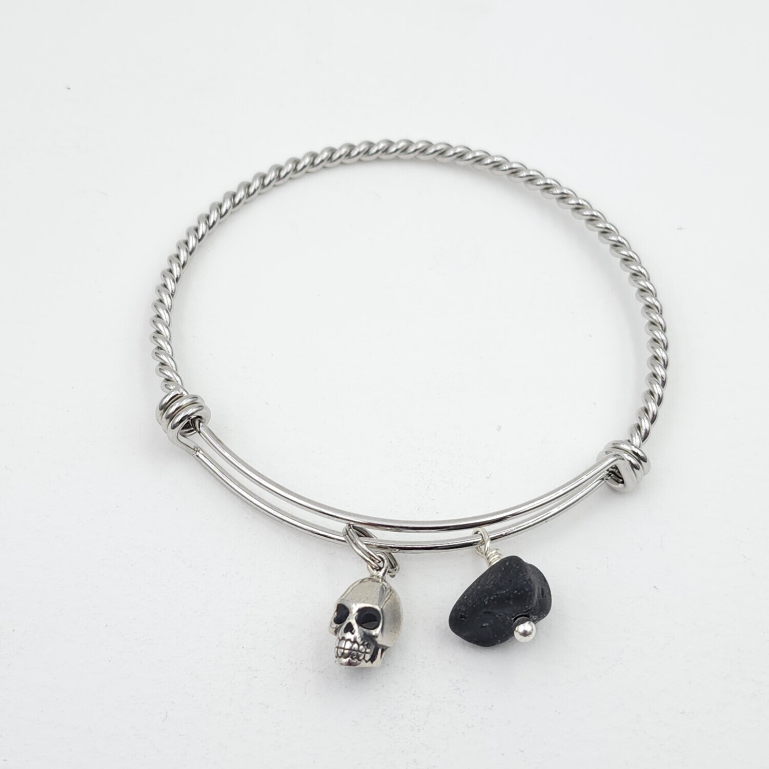 Twisted Bangle Bracelet with Skull Charm and Black Vitrite Lake Erie Beach Glass