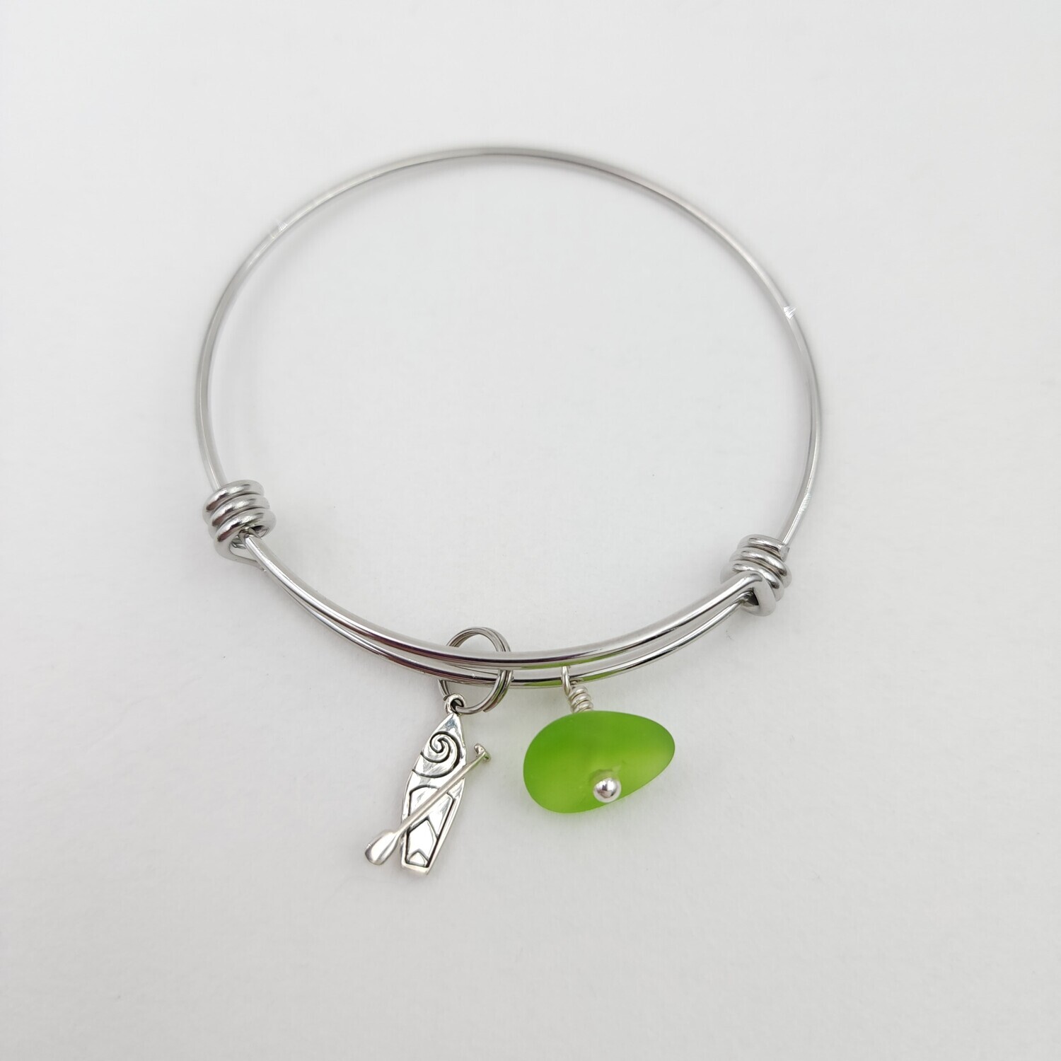 Bangle Bracelet with Standup Paddleboard Charm and Green Lake Erie Beach Glass