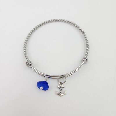 Twisted Bangle Bracelet with Anchor Charm and Cobalt Blue Lake Erie Beach Glass