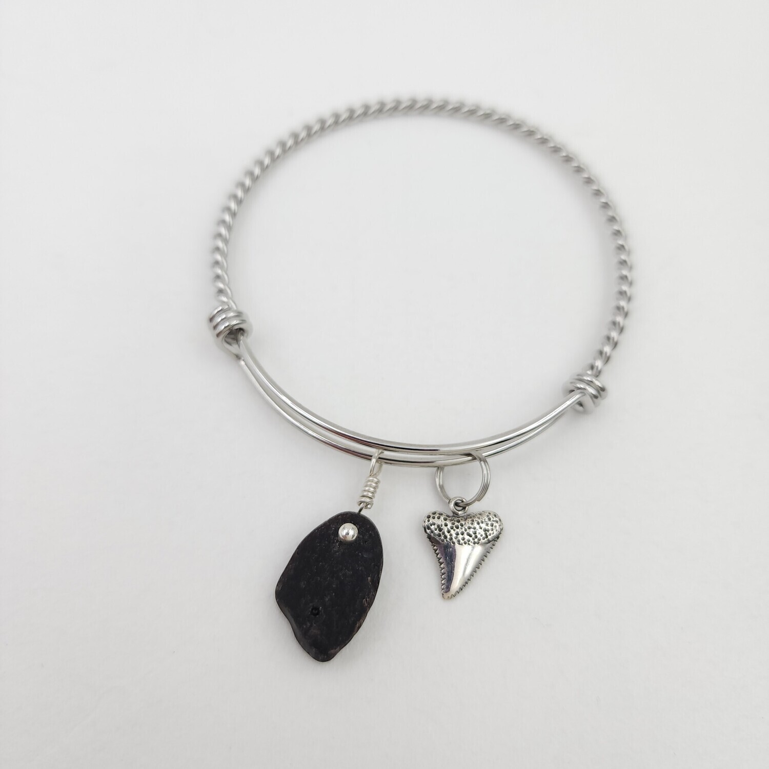 Twisted Bangle Bracelet with Shark's Tooth Charm and Vitrite Lake Erie Beach Glass