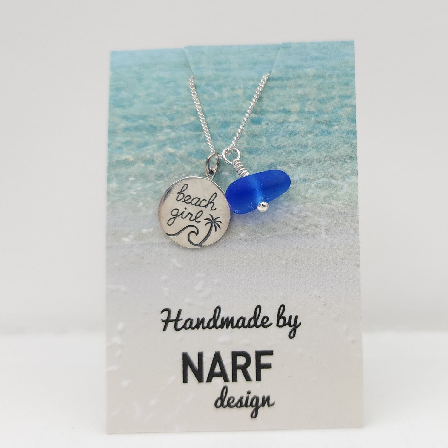 Blue Lake Erie Beach Glass Necklace with "Beach Girl" Charm