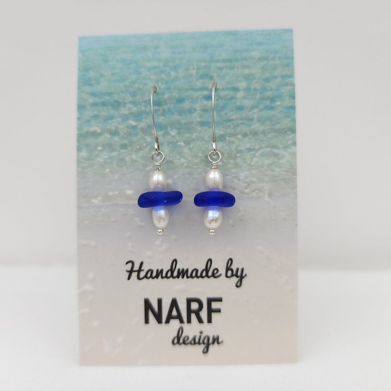 Cobalt Blue Lake Erie Beach Glass Earrings with Freshwater Pearls