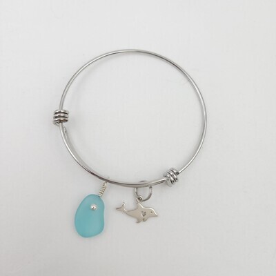 Bangle Bracelet with Dolphin Charm and Light Blue Lake Erie Beach Glass