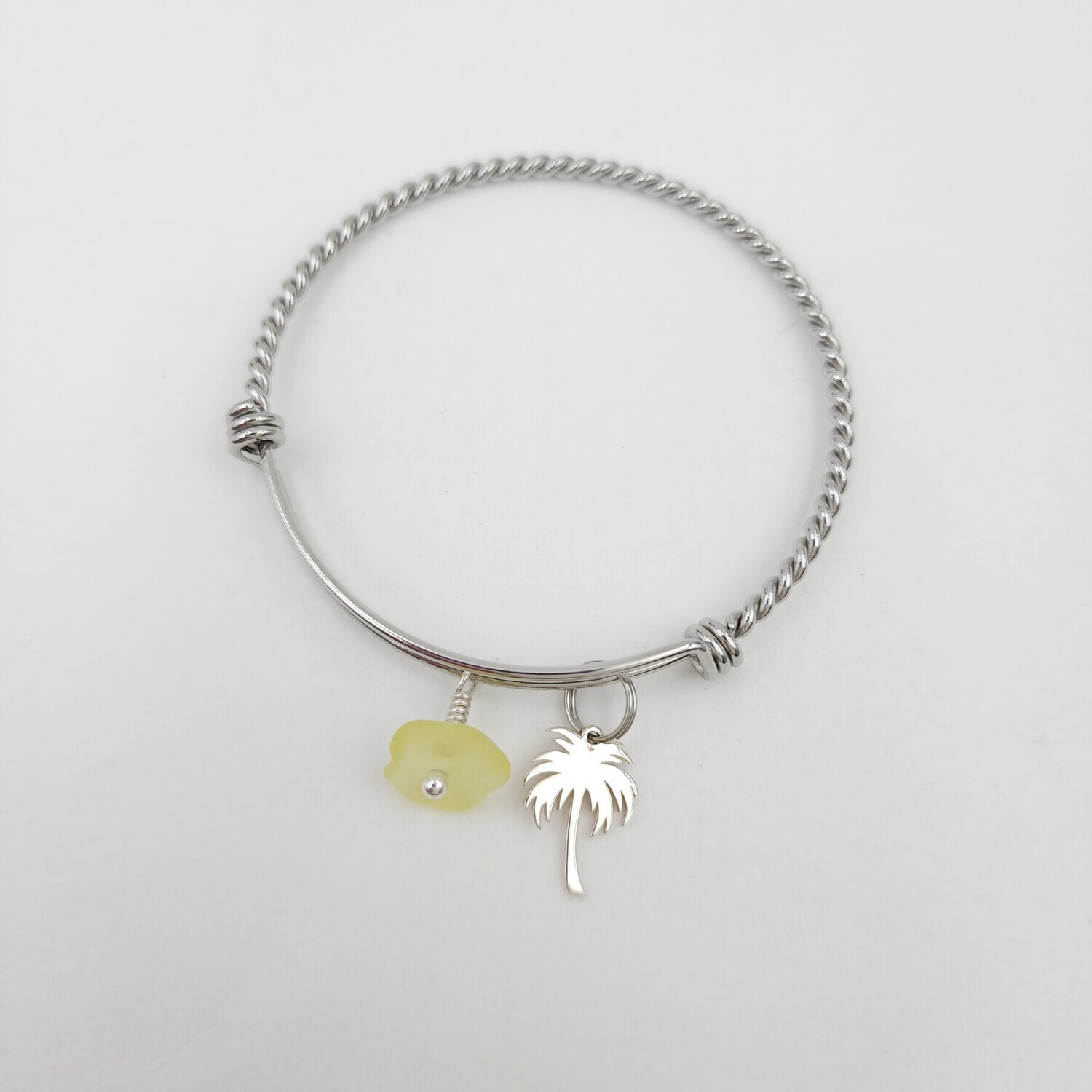 Twisted Bangle Bracelet with Palm Tree Charm and UV Yellow Lake Erie Beach Glass