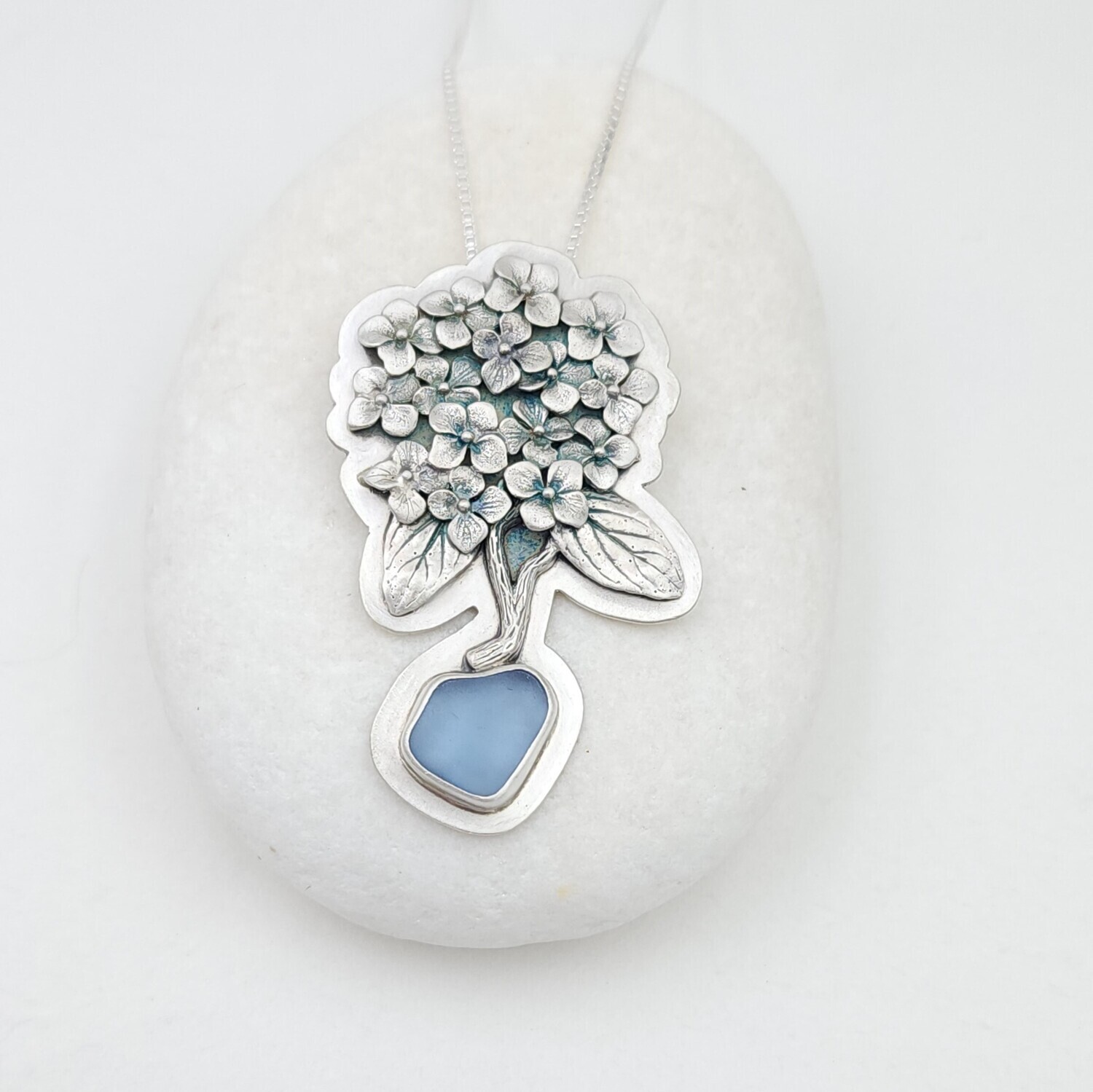 Cornflower Blue Lake Erie Beach Glass Hydrangea Necklace in Sterling Silver