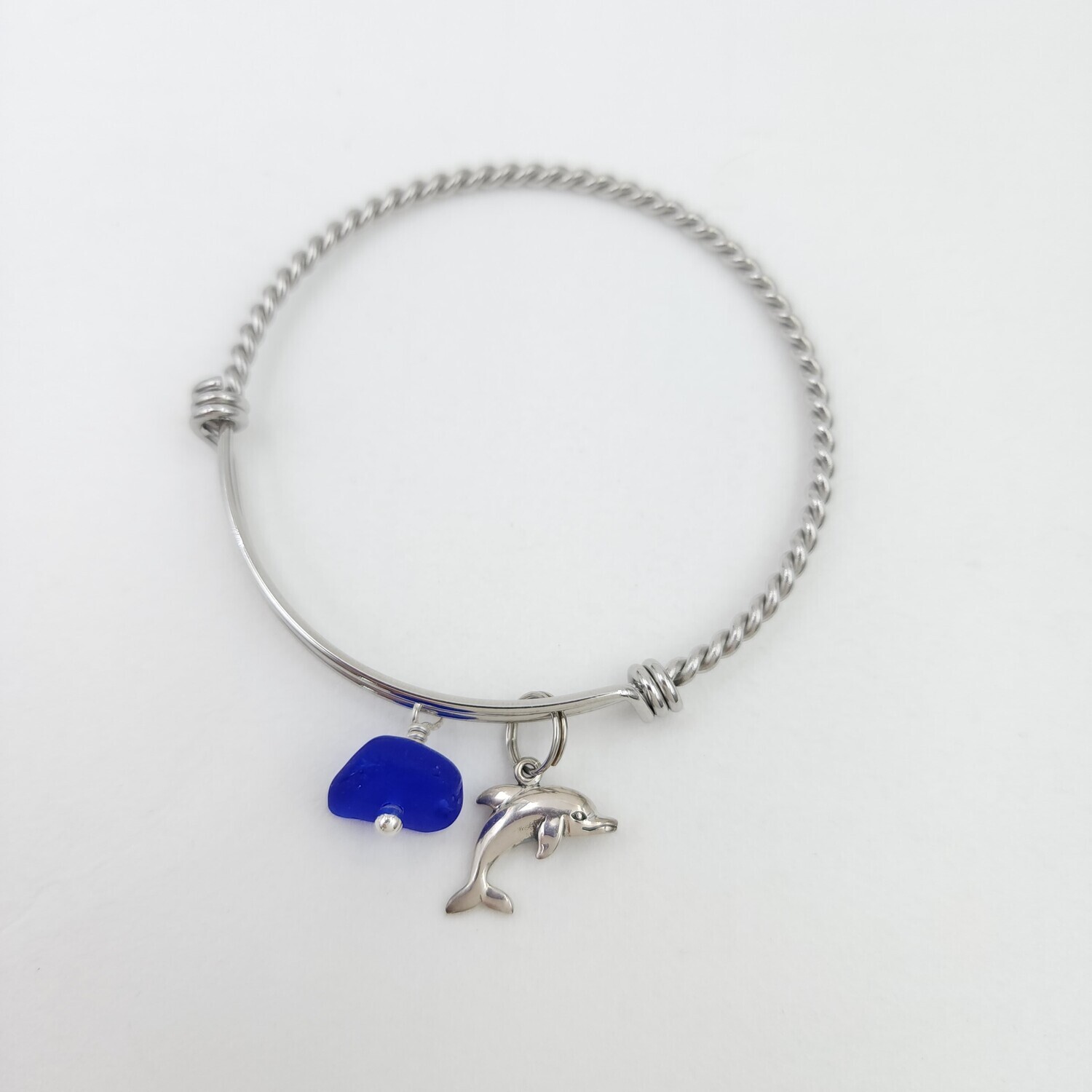 Bangle Bracelet with Dolphin Charm and Blue Lake Erie Beach Glass