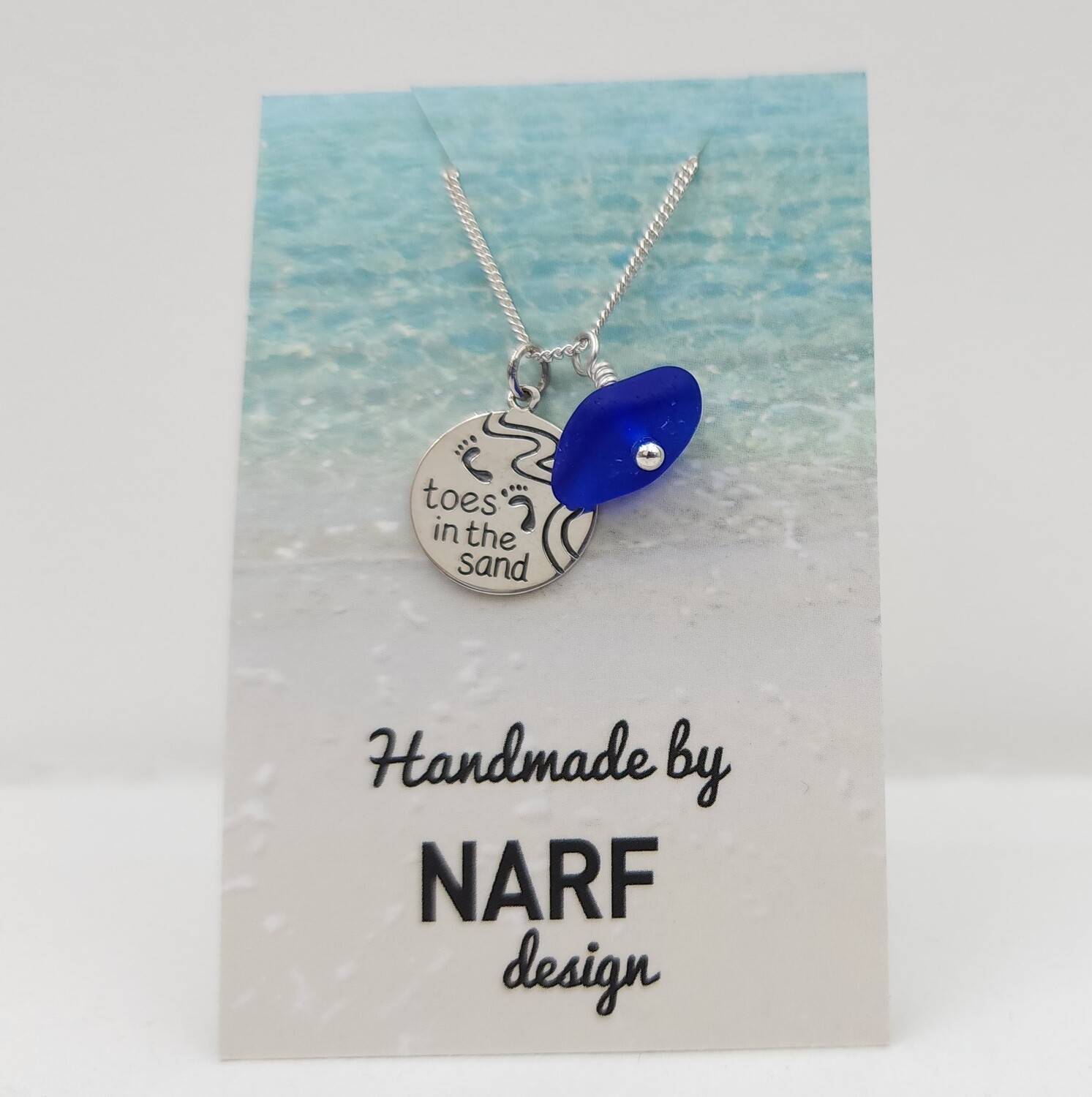 Blue Lake Erie Beach Glass Necklace with "Toes in the Sand" Charm
