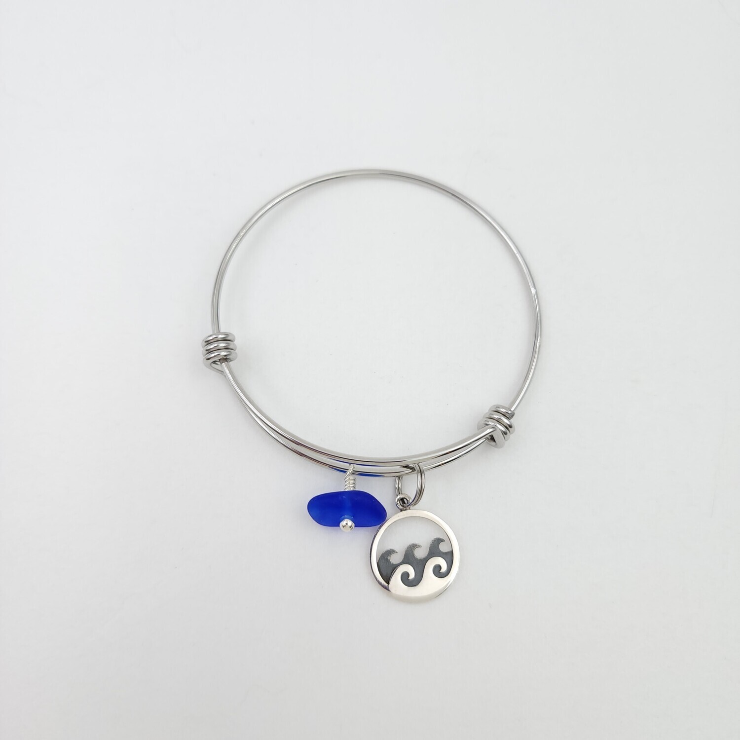 Bangle Bracelet with 3D Wave Charm and Blue Lake Erie Beach Glass