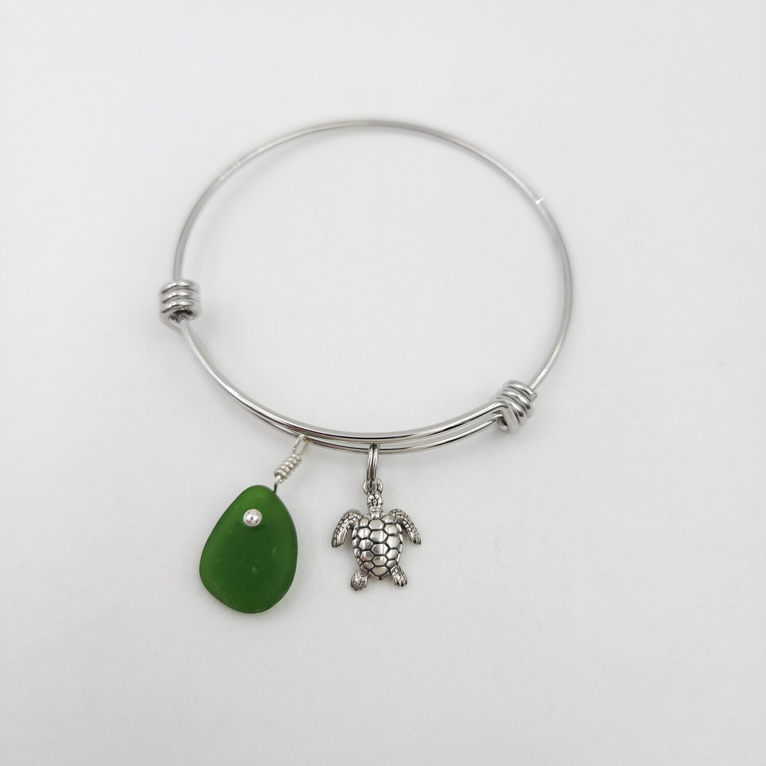 Bangle Bracelet with Sea Turtle Charm and Forest Green Lake Erie Beach Glass