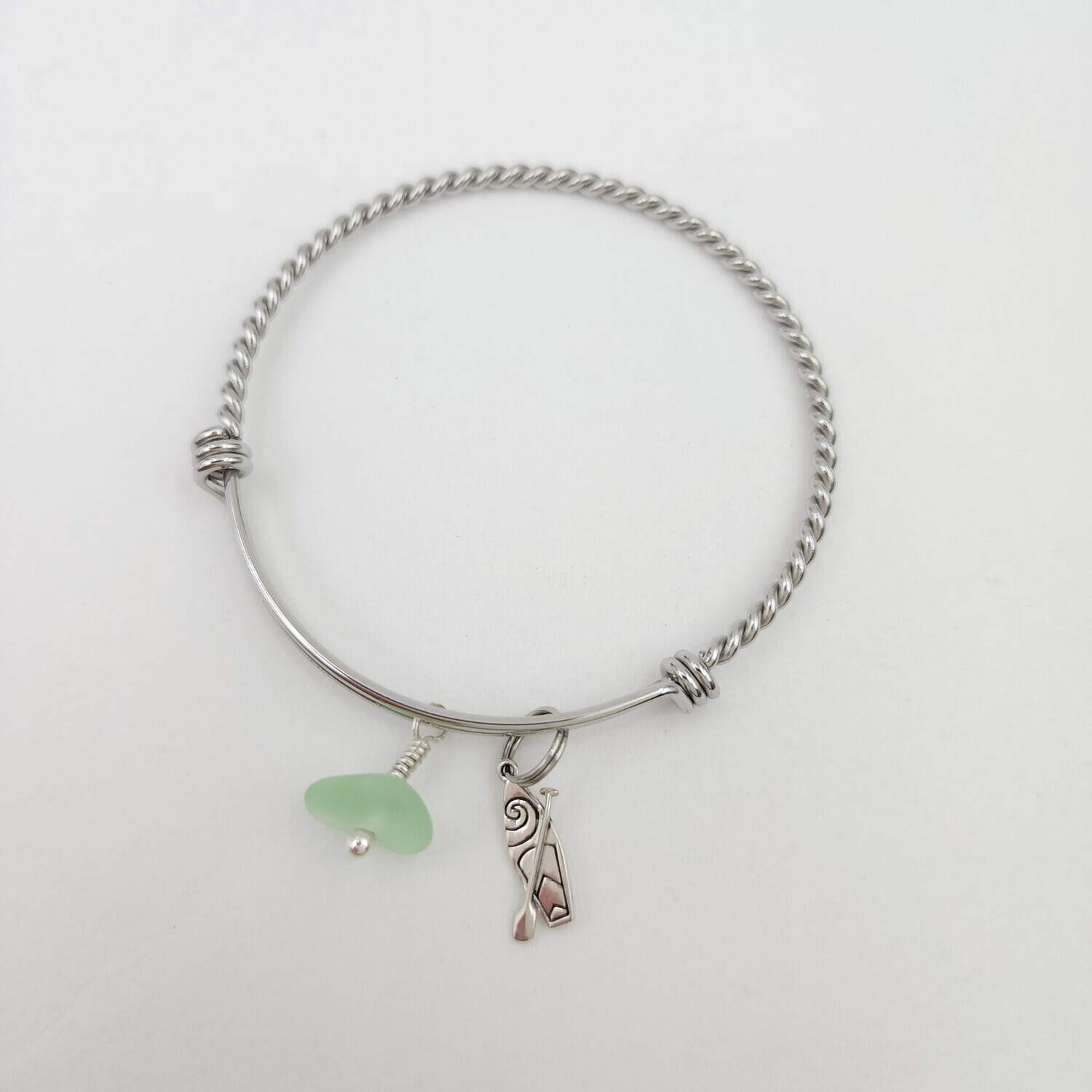 Twisted Bangle Bracelet with Standup Paddleboard Charm and UV Vaseline Lake Erie Beach Glass