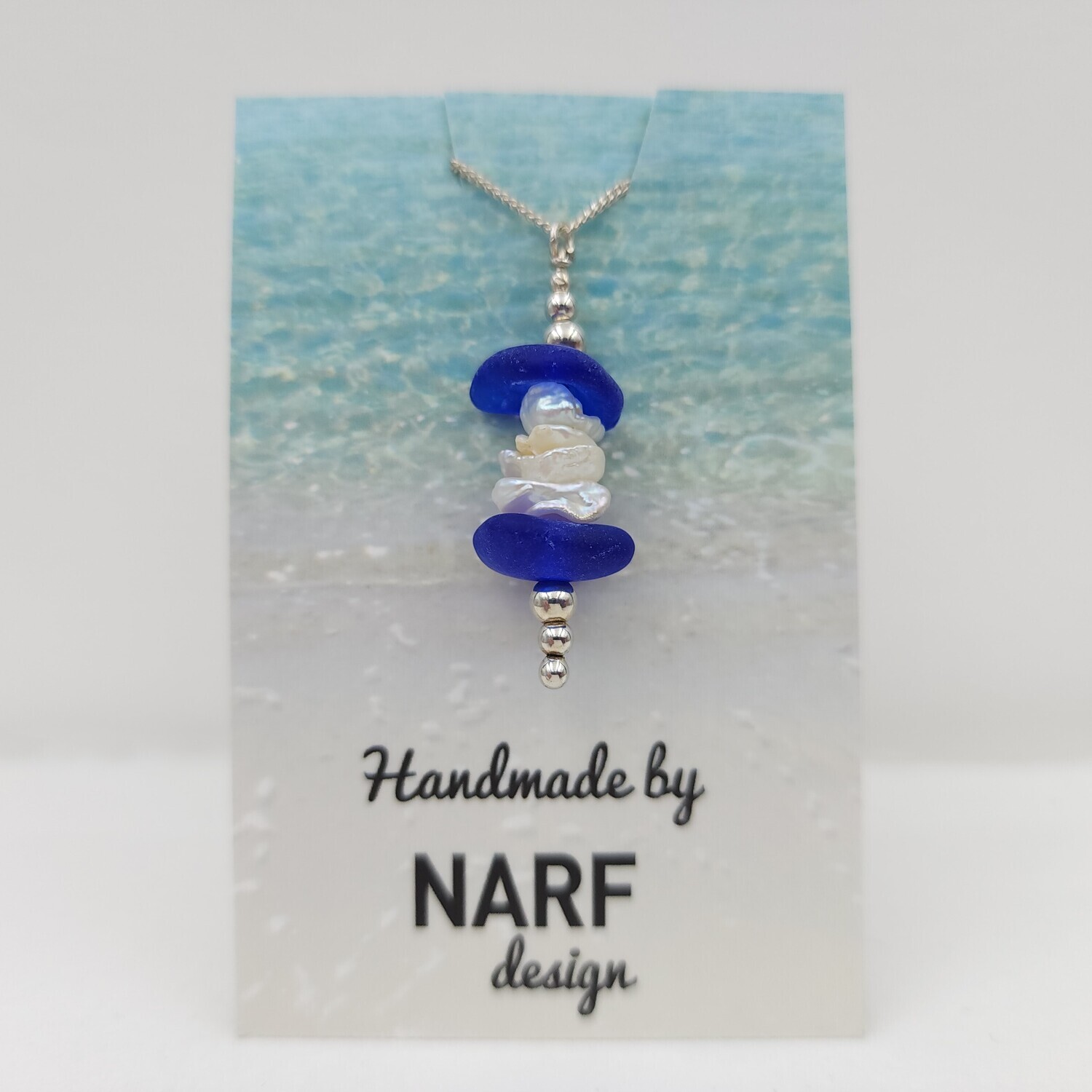 Cobalt Blue Lake Erie Beach Glass Stack Necklace with Silver Balls and Freshwater Pearls