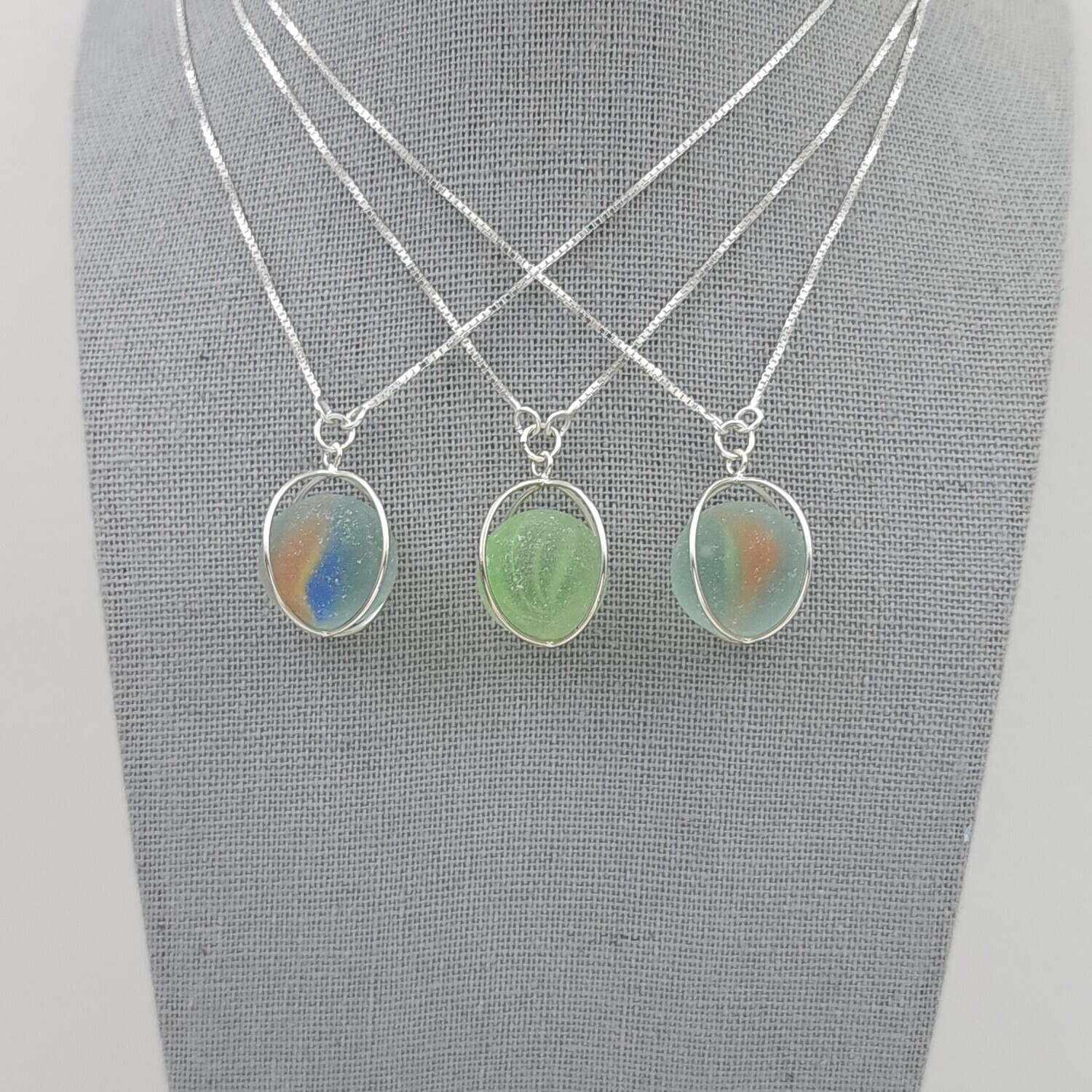 Caged Sea/Beach Glass Marble Necklace, Various Colors