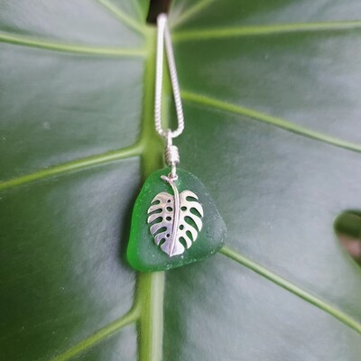 Green Lake Erie Beach Glass and Monstera Leaf Charm Necklace