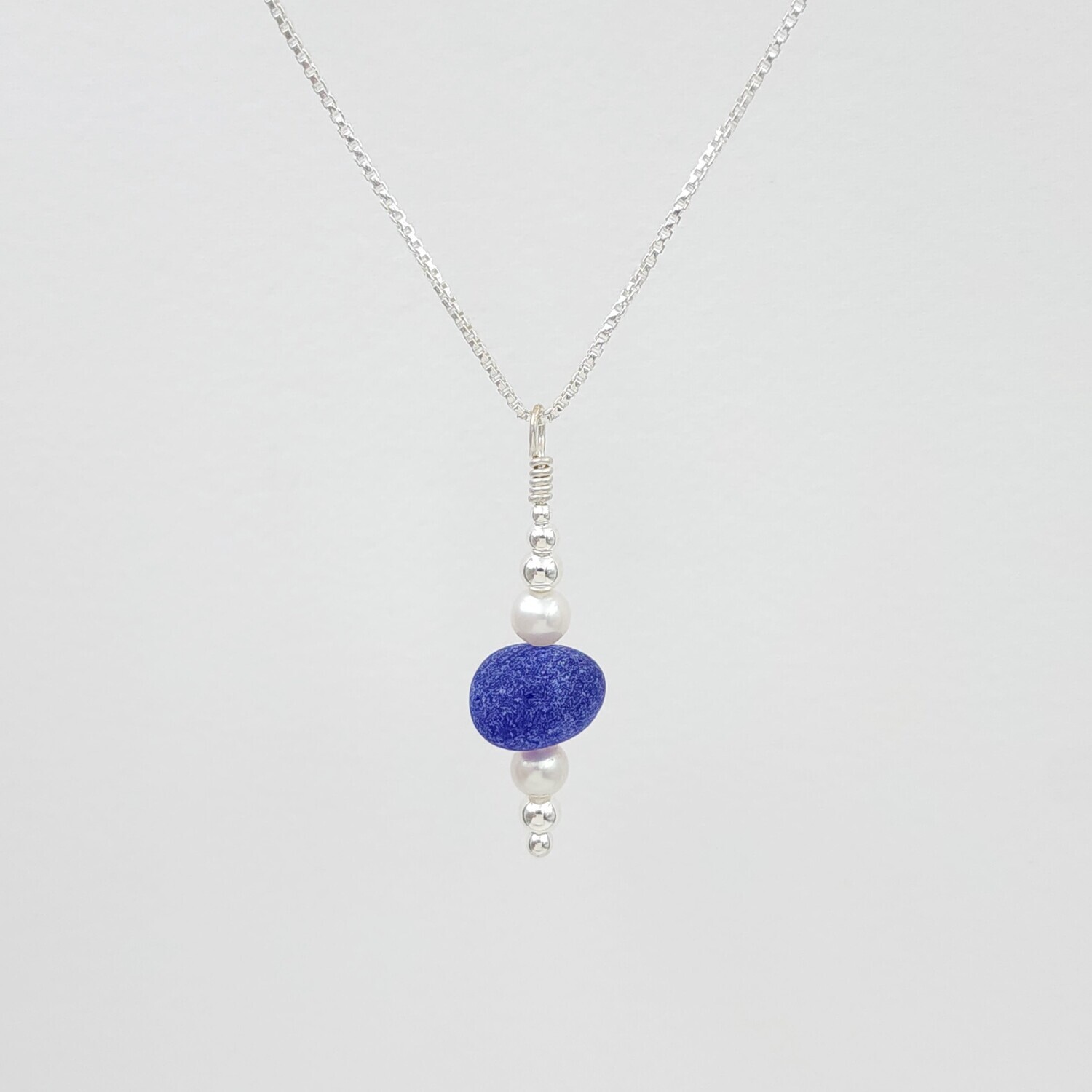 Cobalt Blue Lake Erie Beach Glass Stacking Necklace with Freshwater Pearls