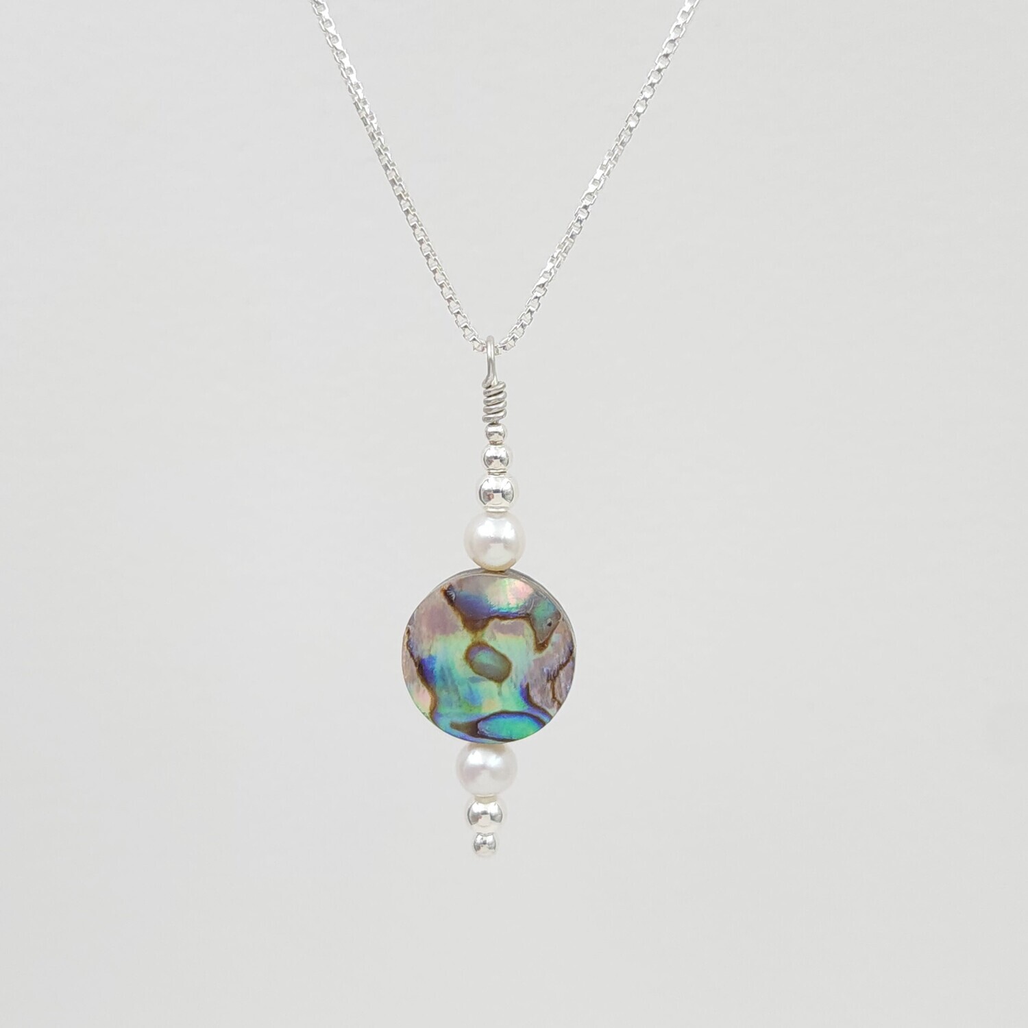 Abalone Circle Stack Necklace with Silver Beads and Freshwater Pearls