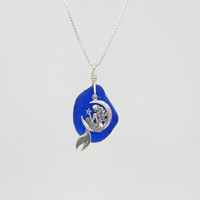 Cobalt Blue Lake Erie Beach Glass and Mermaid in a Moon Charm Necklace