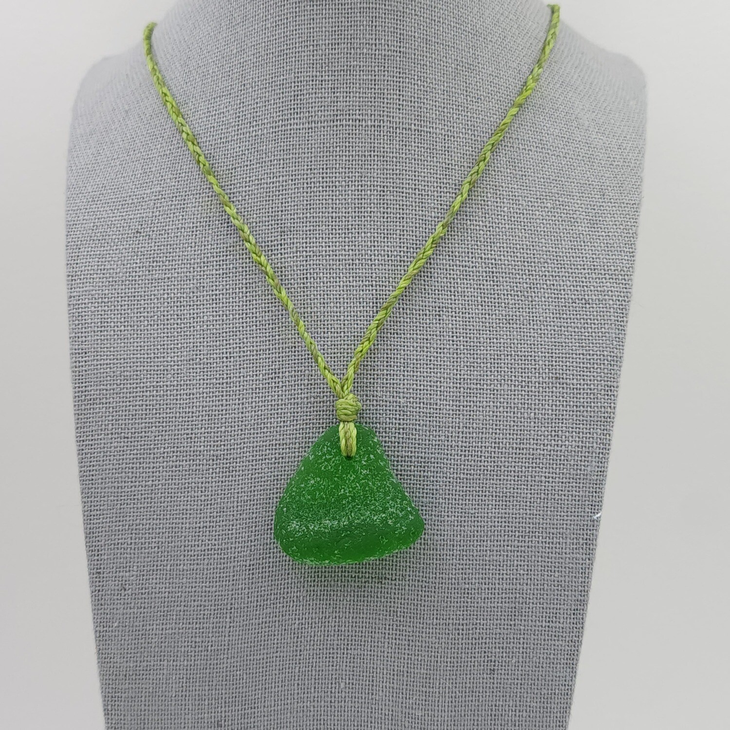 Green Lake Erie Beach Glass Necklace on Waxed Cord