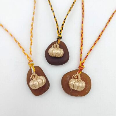 Brown Lake Erie Beach Glass Necklace on Waxed Cord with Pumpkin Charm