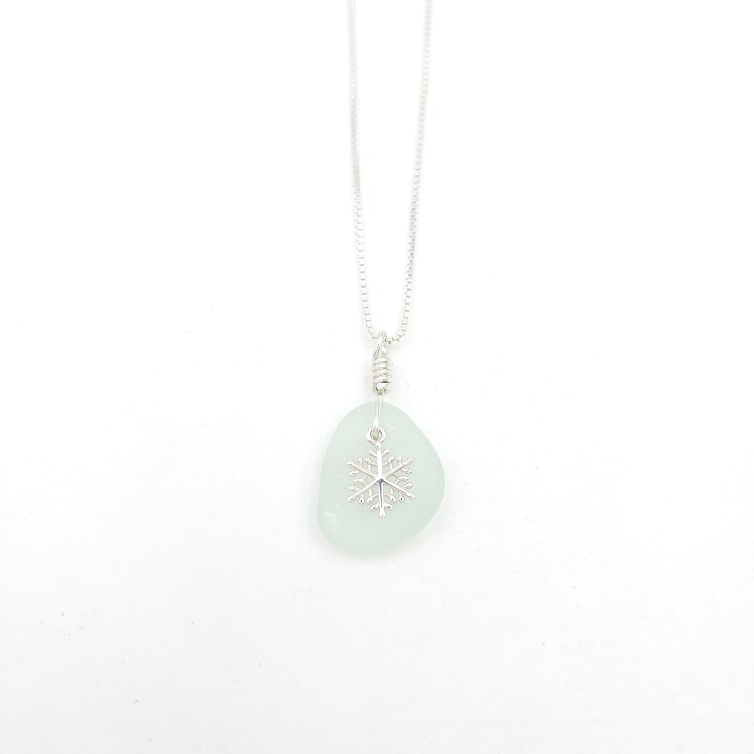 White Lake Erie Beach Glass and Snowflake Charm Necklace