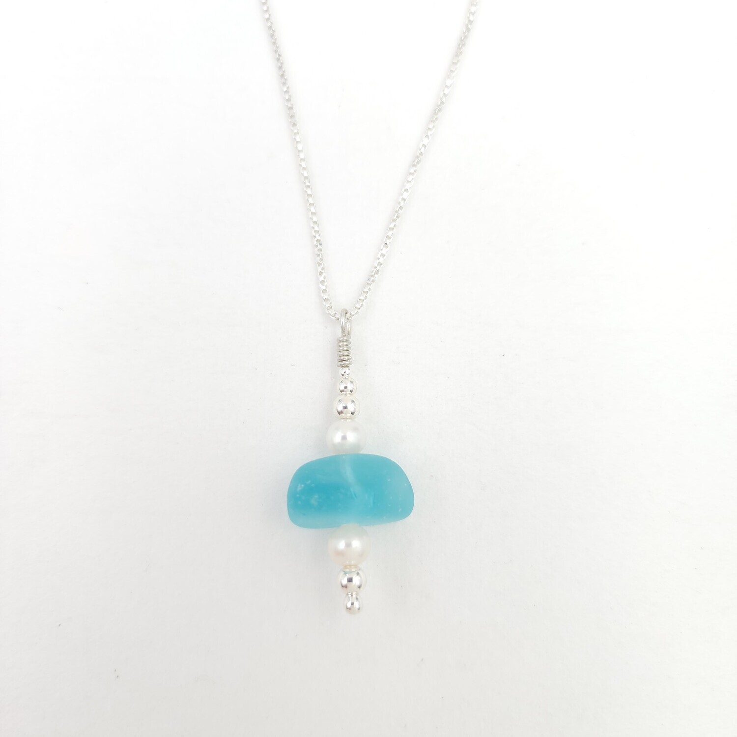 Light Blue Lake Erie Beach Glass Stacking Necklace with Freshwater Pearls