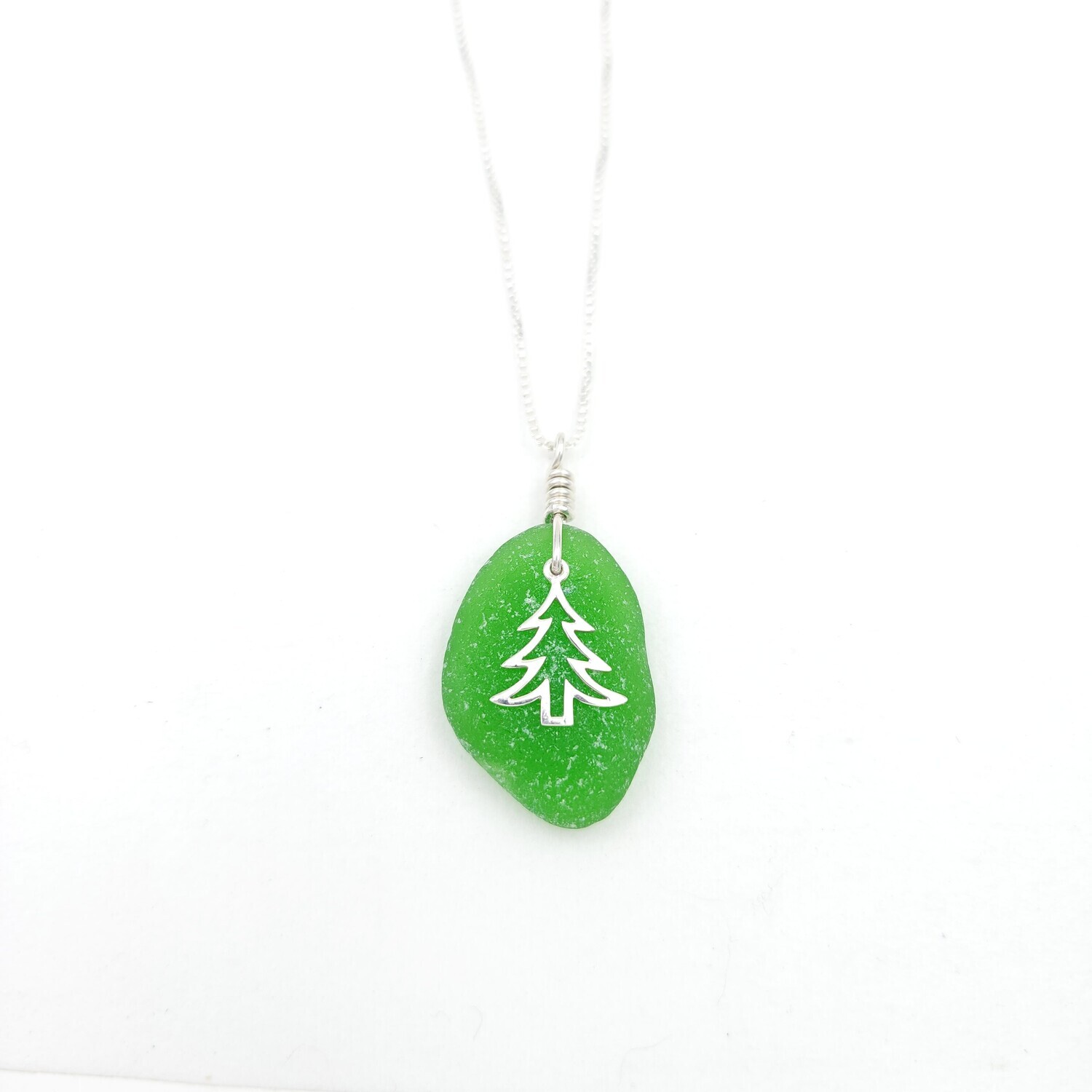 Green Lake Erie Beach Glass and Tree Charm Necklace