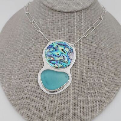 Light Blue Lake Erie Beach Glass Necklace in Sterling Silver with Abalone Cabochon