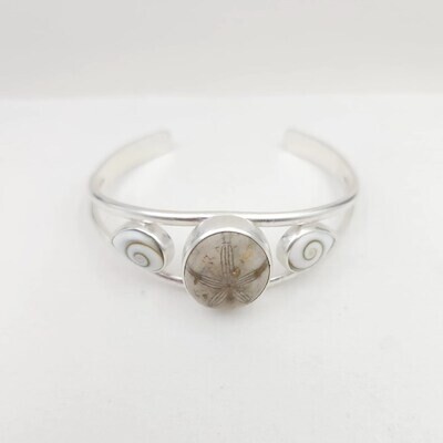 Sterling Silver Cuff Bracelet with Shiva Shells and Fossilized Sand Dollar