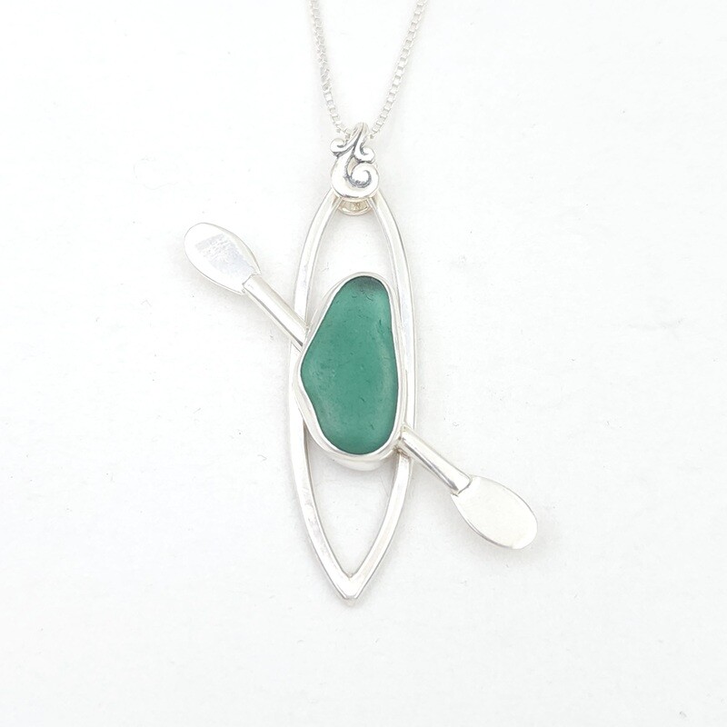 Teal Green Lake Erie Beach Glass Kayak Necklace