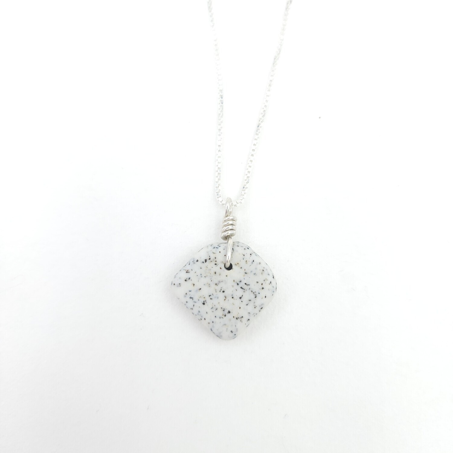 White Speckled Lake Erie Beach Tile Necklace in Sterling Silver