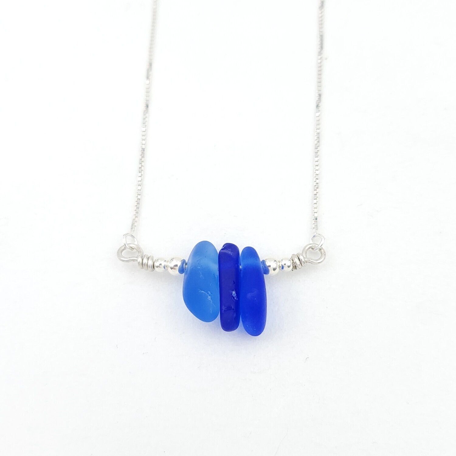 Shades of Blue Lake Erie Beach Glass Bar Necklace with Sterling Silver Beads