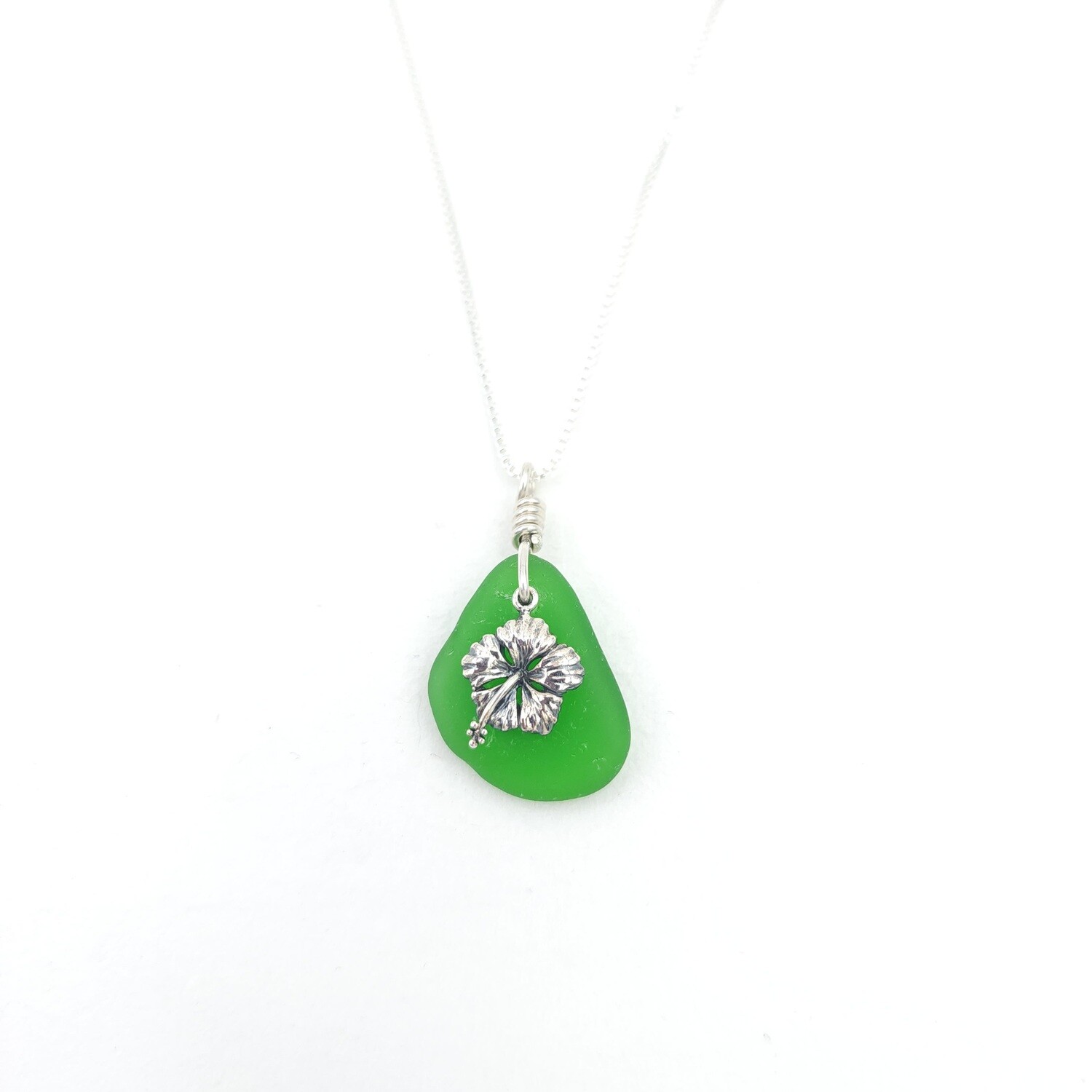 Green Lake Erie Beach Glass and Hibiscus Charm Necklace