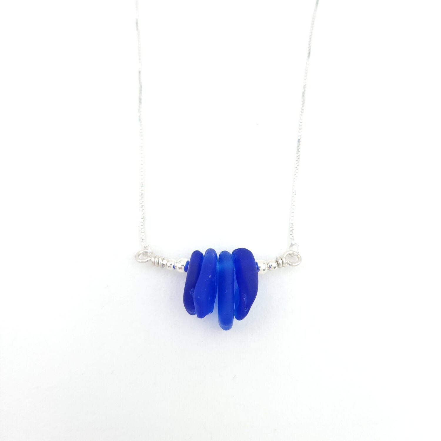 Cobalt Blue Lake Erie Beach Glass Bar Necklace with Sterling Silver Beads