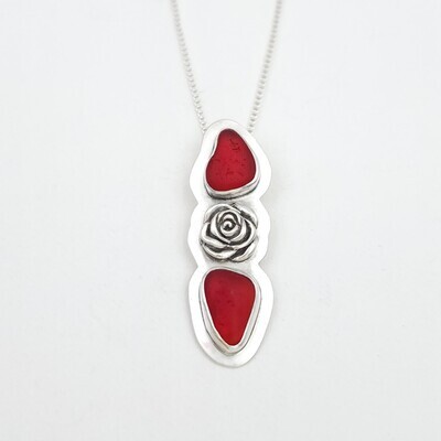 Red Lake Erie Beach Glass and Rose Charm Necklace