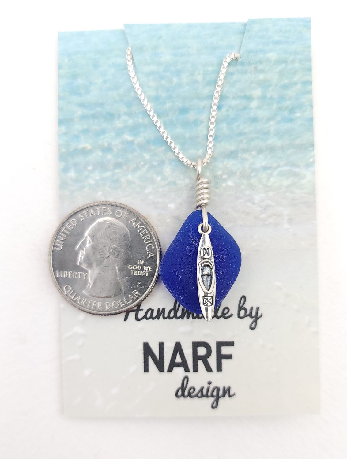 Cobalt Blue Lake Erie Beach Glass Necklace with Kayak Charm