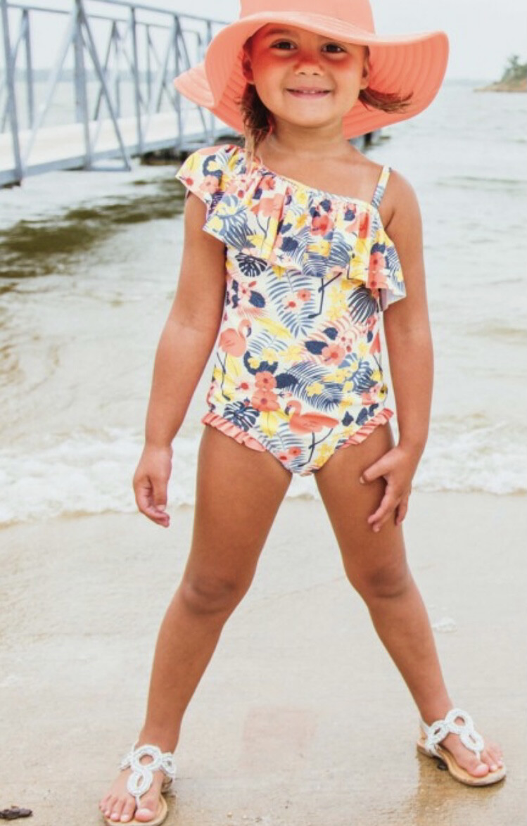 Tropical Flamingo Girls Swimsuit, size: 3/6M, style: One Shoulder
