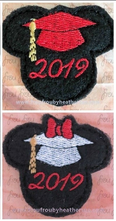 Clippie Graduation Cap 2019 Mister and Miss Mouse Head TWO design SET Machine Embroidery In The Hoop Project 1.5, 2, 3, and 4 inch