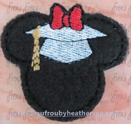 Clippie Graduation Cap Miss Mouse Head Machine Embroidery In The Hoop Project 1.5, 2, 3, and 4 inch