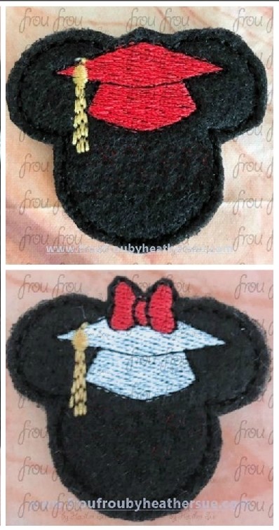 Clippie Graduation Cap Mister and Miss Mouse Head TWO design SET Machine Embroidery In The Hoop Project 1.5, 2, 3, and 4 inch