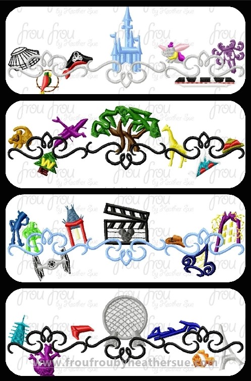 Four Dis Theme Parks Motifs FOUR Design SET Machine Embroidery Design, Multiple sizes including 2"-16"